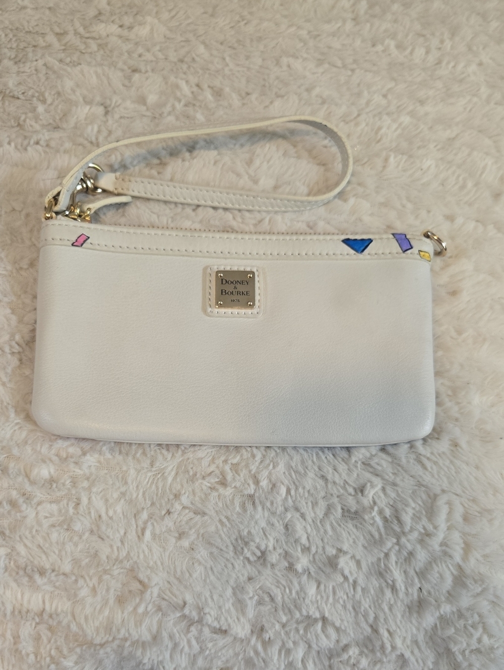 Dooney & Bourke White Leather Handpainted Wristlet with Multicolor Accents